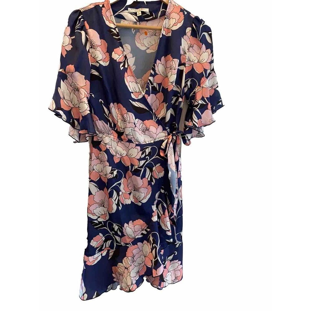 New ALEXIA ADMOR Floral‎ Satin Wrap Dress Blue Pink Size Small Short Bell Sleeve